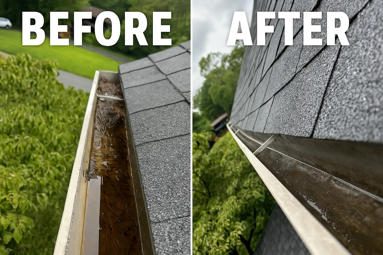 clean gutters after debris removal and gutter cleaning service