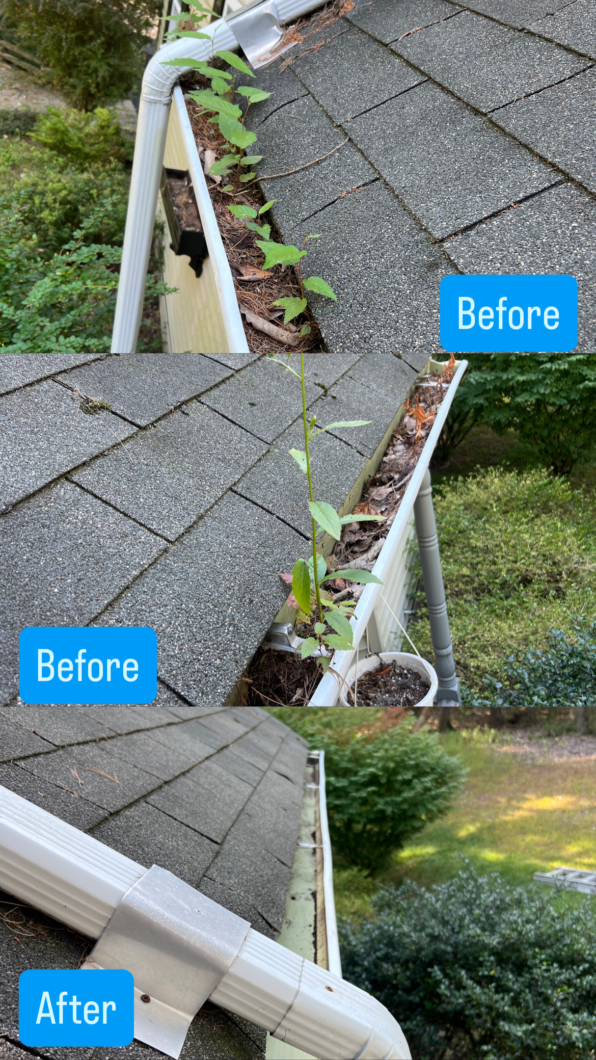 gutter cleaning before and after removing debris and restoring flow
