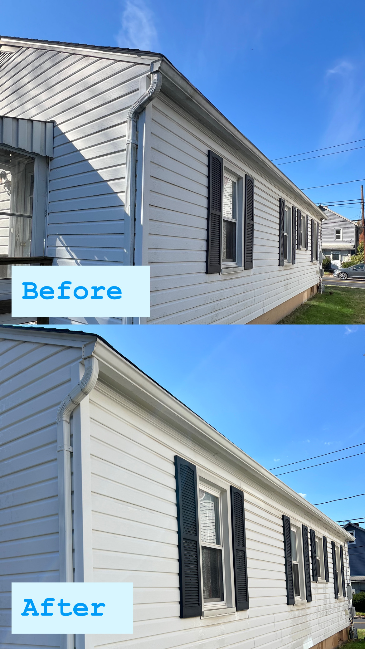 before and after gutter whitening and house washing East Stroudsburg PA removing tiger stripes and cleaning siding