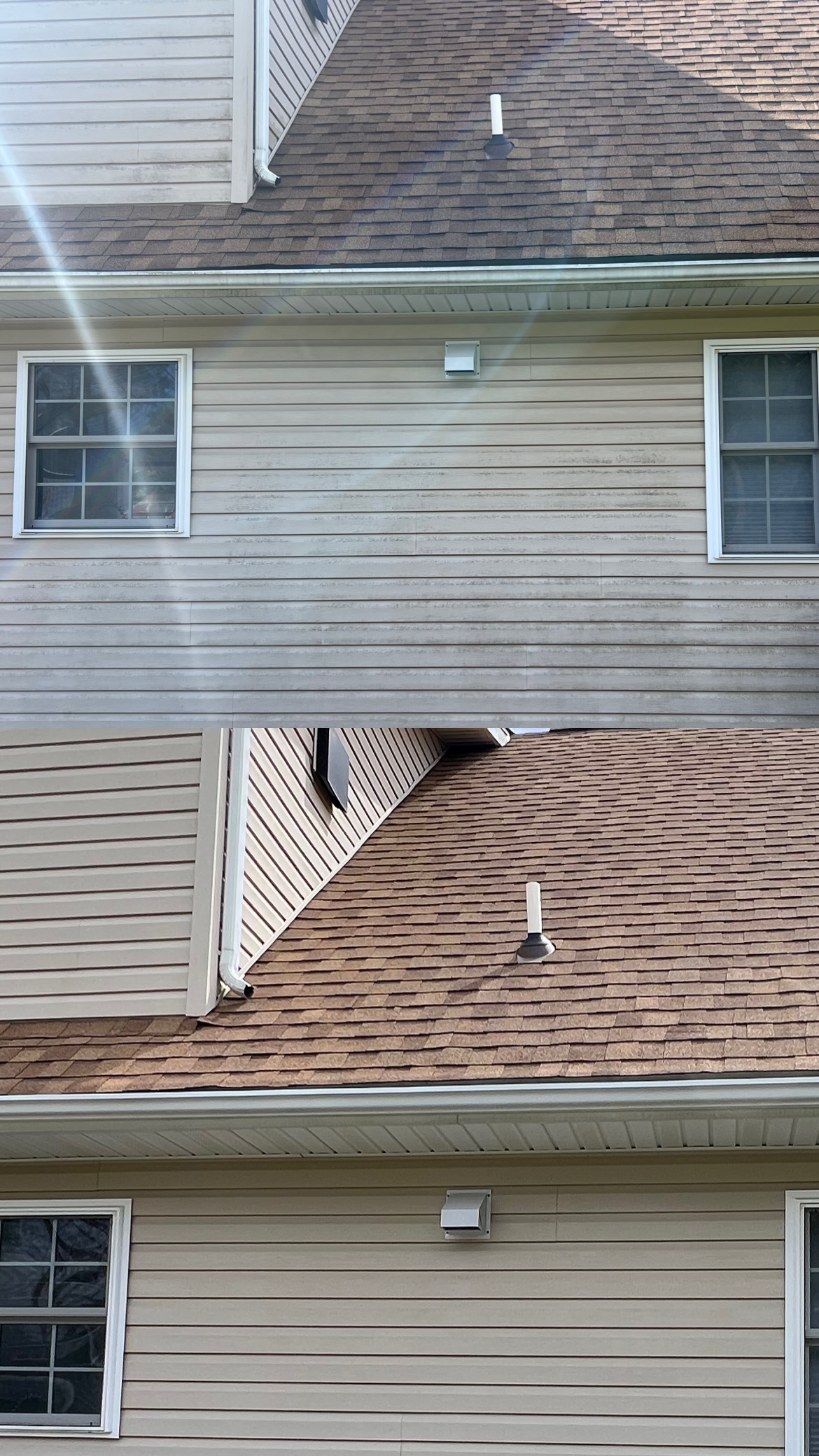 Before and after roof cleaning, gutter whitening, and house washing in Stroudsburg PA by Capps Power Washing