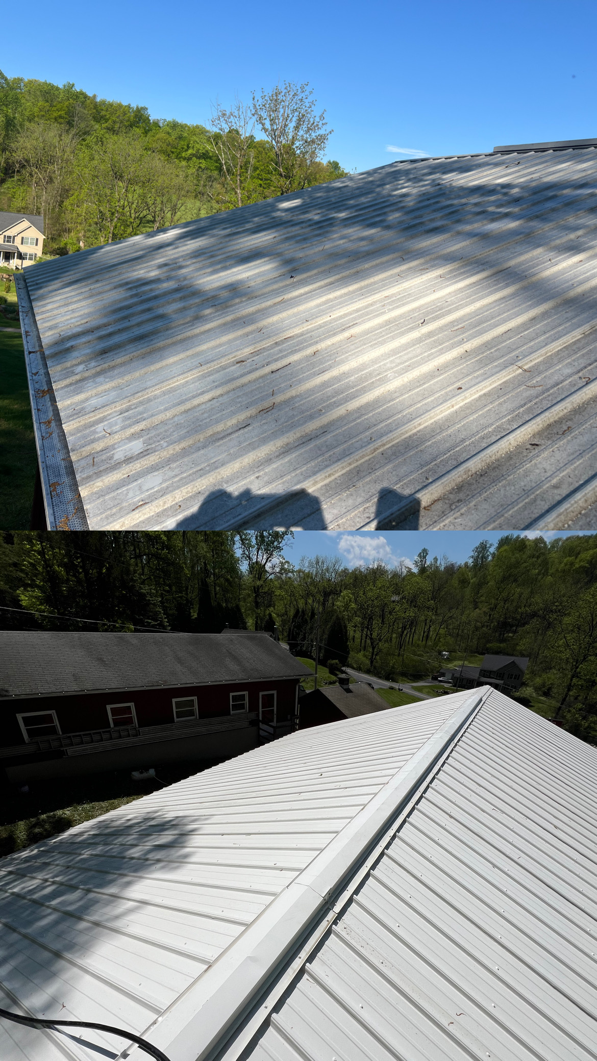 Metal roof cleaning pollen gray film and environmental buildup removal