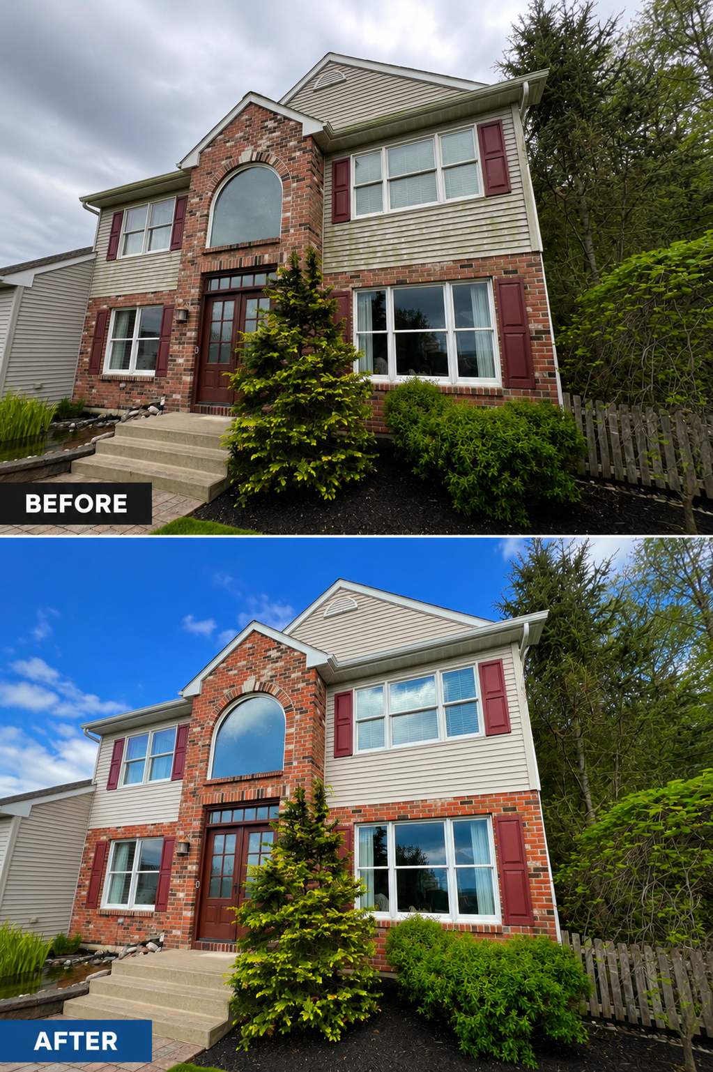 Before and after house washing, siding cleaning, and concrete front steps cleaning in Stroudsburg PA by Capps Power Washing