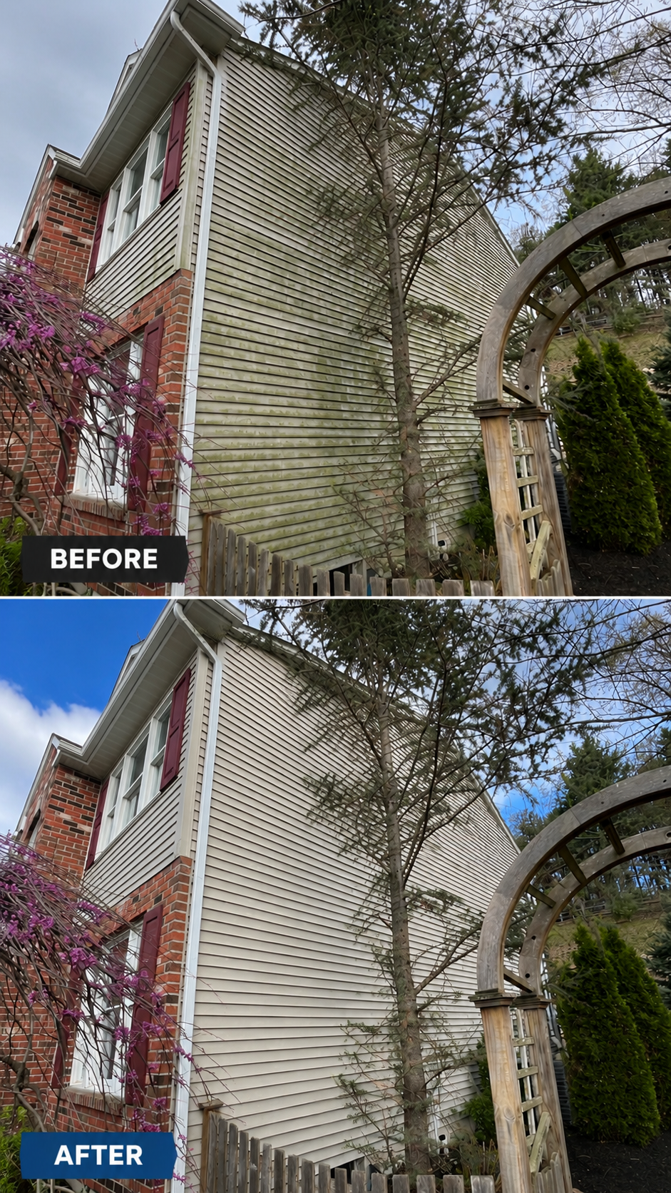 Before and after right side house washing and vinyl siding cleaning in Stroudsburg PA