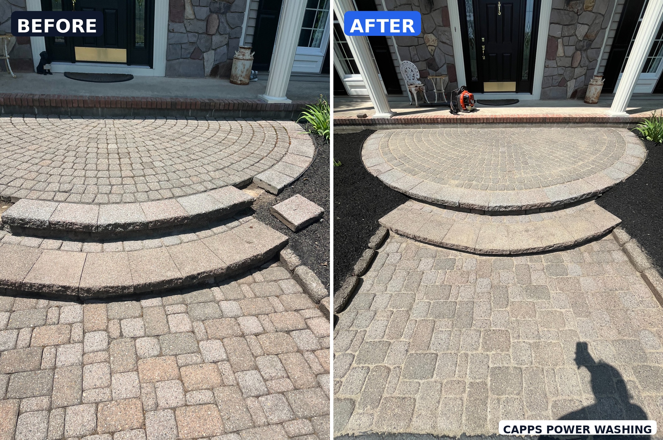 Front paver patio cleaning and restoration before and after in Saylorsburg PA by Capps Power Washing