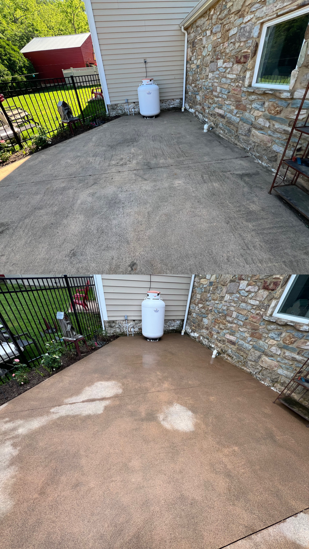 Before and after professional concrete patio cleaning completed by Capps Power Washing in Asbury New Jersey